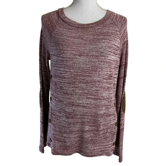 Mine Marled Sweater Size Medium Side Buttons Faux Suede Elbow Patch Purple Pink - Picture 1 of 5